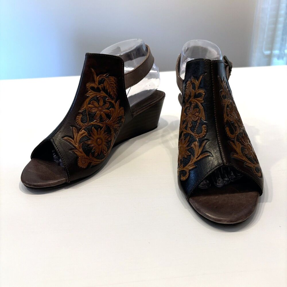 Roper Women's‎ Western Mika Brown Stamped Floral Brown Leather Sandals US Size 9 - Picture 3 of 12